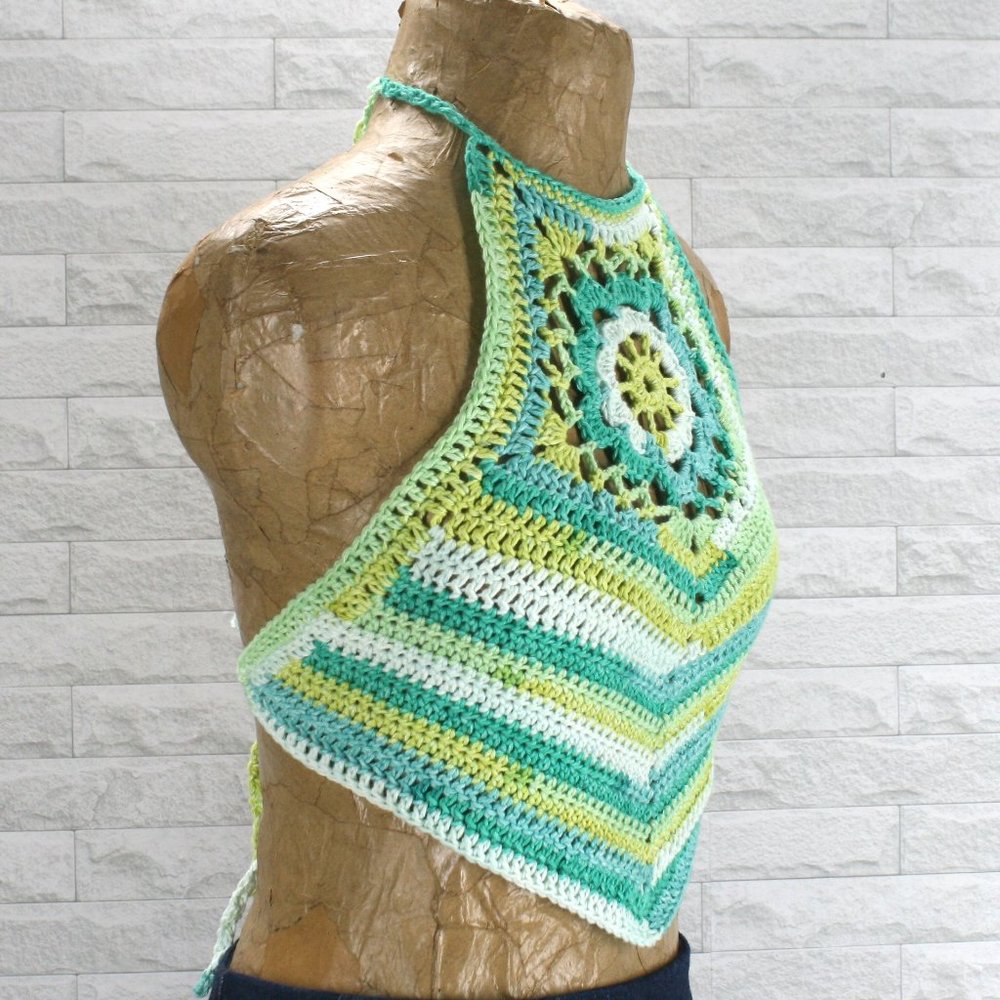 HAND CRAFTED Crop Top Crochet Halter Bikini Colorful Cotton Mermaidcore Aqua - Picture 2 of 11